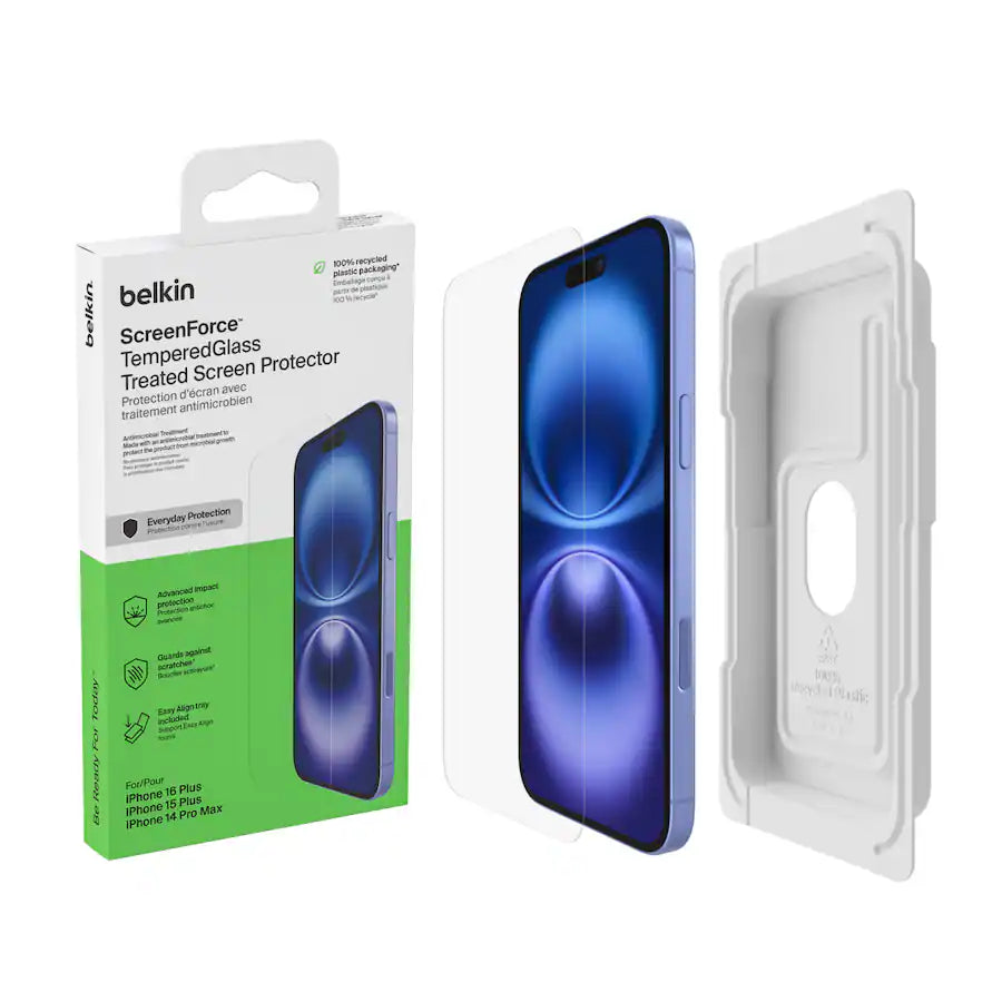 Belkin ScreenForce TemperedGlass Screen Protector for iPhone 16 Plus, iPhone 15 Plus & iPhone 14 Pro Max – Clear product image